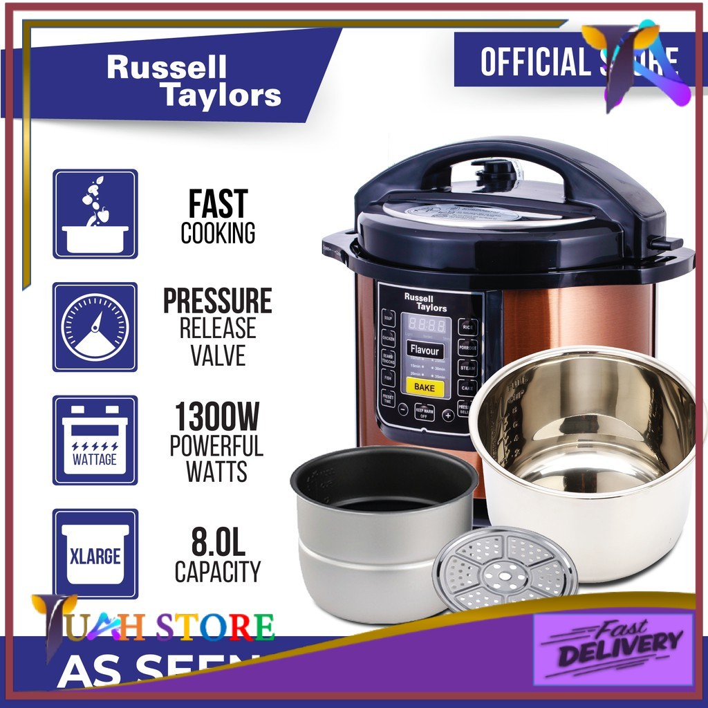 Russell Taylors Dual Pot Pressure Cooker Electric Rice Cooker 2 Inner Pots + 1 Steam Rack (8L) PC-80