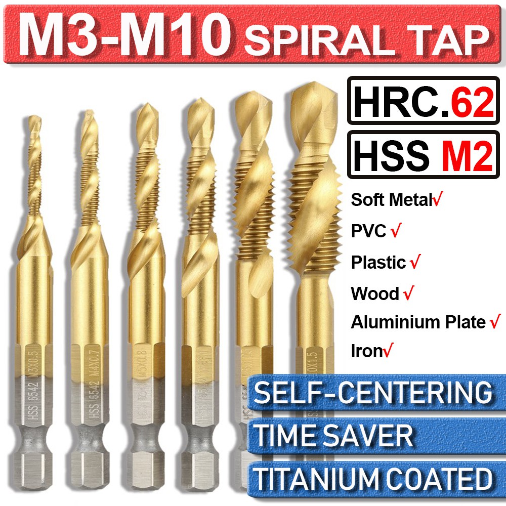 6 Pieces HSS 1/4 Inch Hex Shank Combination Drill Screw Tap Bit 6 Pieces Metric Thread HSS M10/ 8/6/ 5/4/ 3 Screw Tapping Bit Tool 1/4 Inch Hex Shank with Automatic Spring Loaded Center Punch Tool 