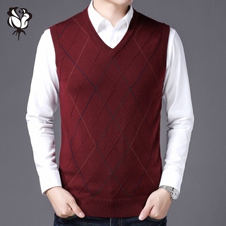 Men's Wool Vest V-neck Pullover Sleeveless Sweater Middle-aged and Elderly Solid Color Knitted Vest