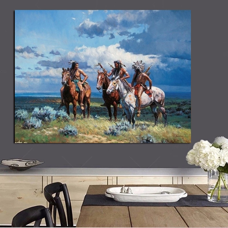 Vintage style Indian Aboriginal art horse riding landscape canvas frames posters and prints wall art photos decoration