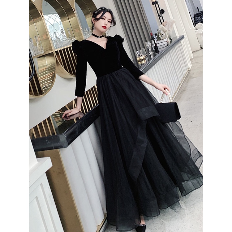 Black Velvet Evening Dress Long-sleeved V-neck Temperament Banquet Slim Mesh Dresses Long Annual Dinner Host Party Gown