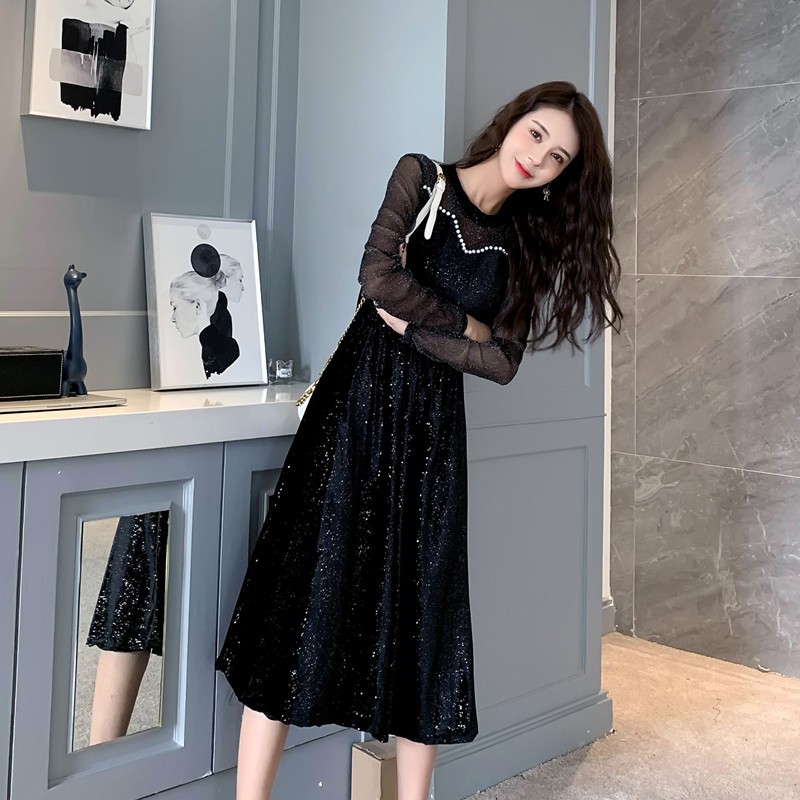 S 3xl Korean Dress Long Sleeve Dress One Piece Dress Spot Dress Style Girls Autumn New Fake Two Pieces Sweet V Shaped Design Temperament Thin Black Velvet Dress Medium Length A Line Dress