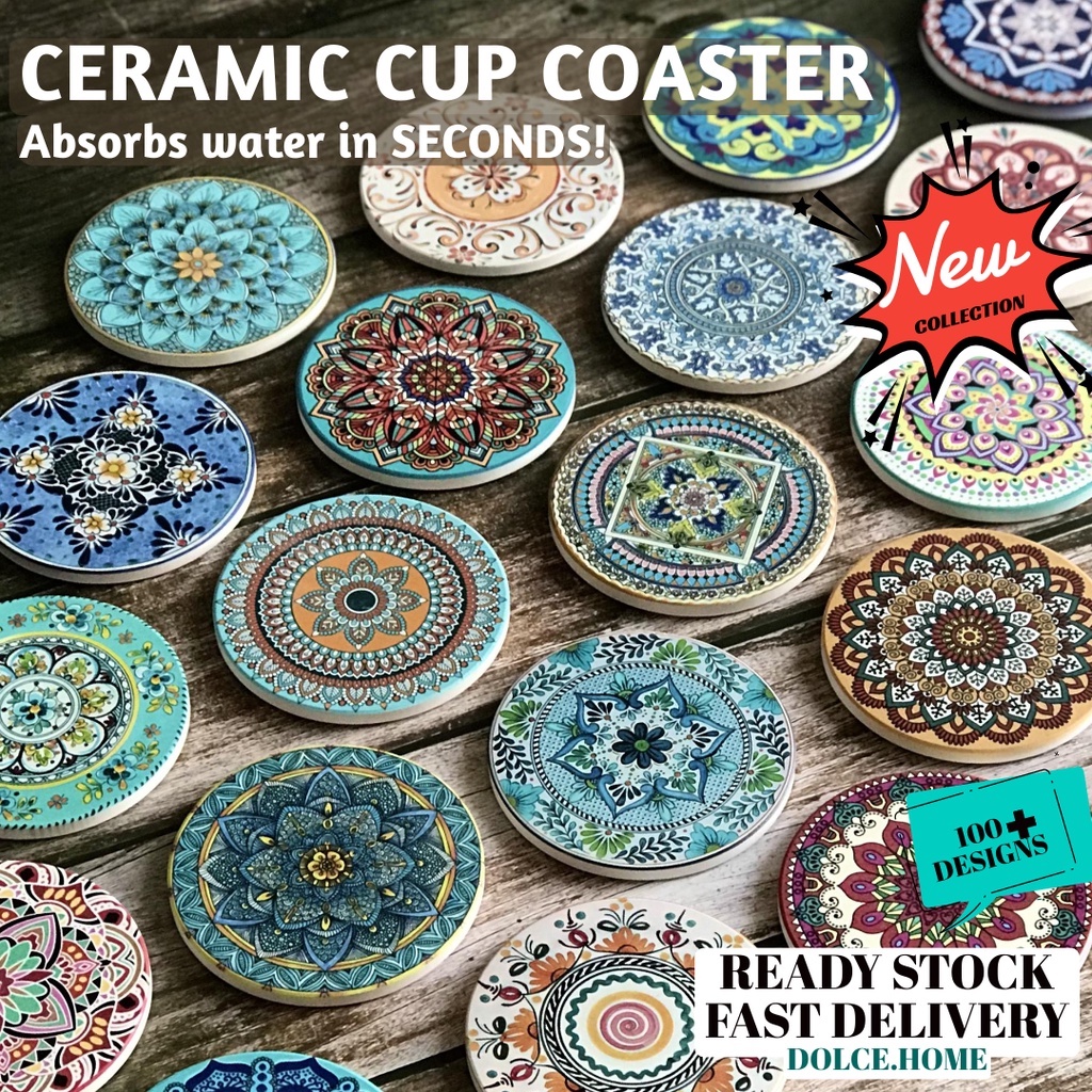 [CLEARANCE SALE]Round Water Absorbent Cup Coaster (Ceramic/Heat Resistant/Mandala/Antique/Turkish/Abstract/Art/Gift Set)