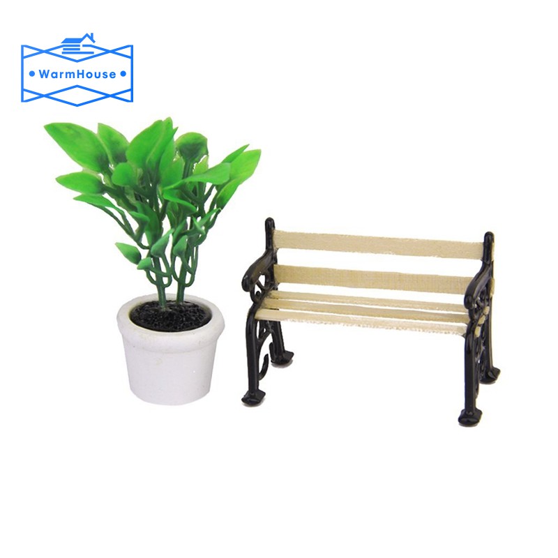 Green Plant In A Pot And Wooden Garden Bench Dollhouse Miniature