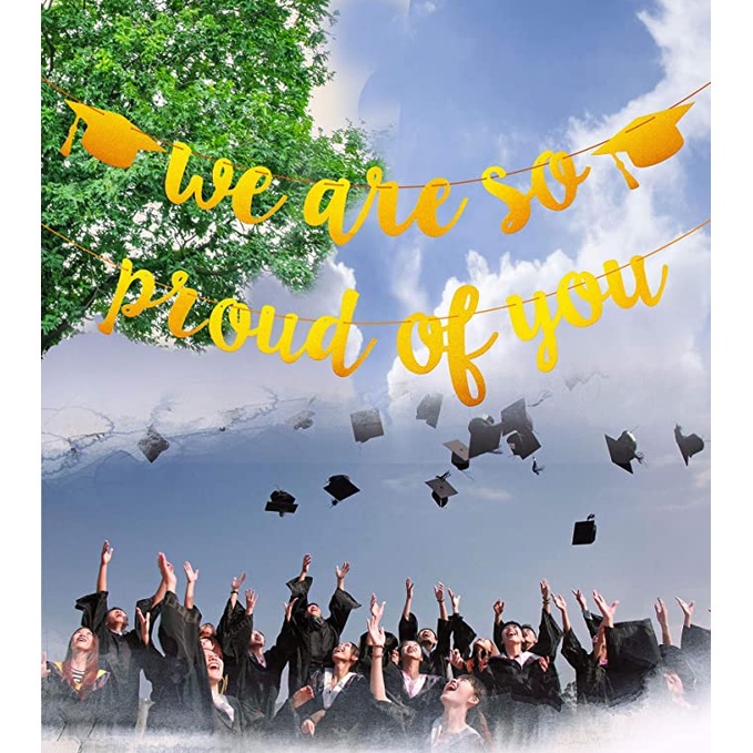 We are So Proud of You Graduation Banner 2021Gold / Black Glitter Graduation Garland Banner with Graduation Cap and Diploma Signs Graduation Party Supplies for College Senior Grad Decorations