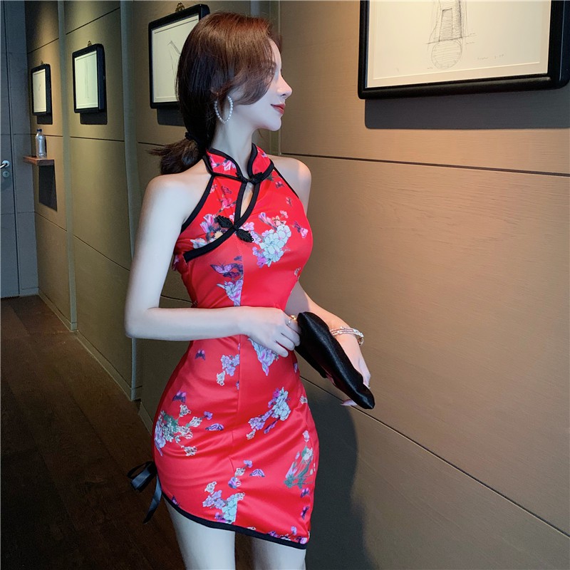Sexy Vintage Improved Short Qipao Cheongsam Sleeveless Women Night Club Dinner Party Flower