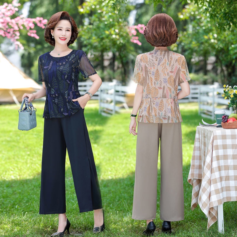 Mom summer dress 2024 new western style top middle-aged and elderly women's summer short-sleeved chiffon two-piece suit