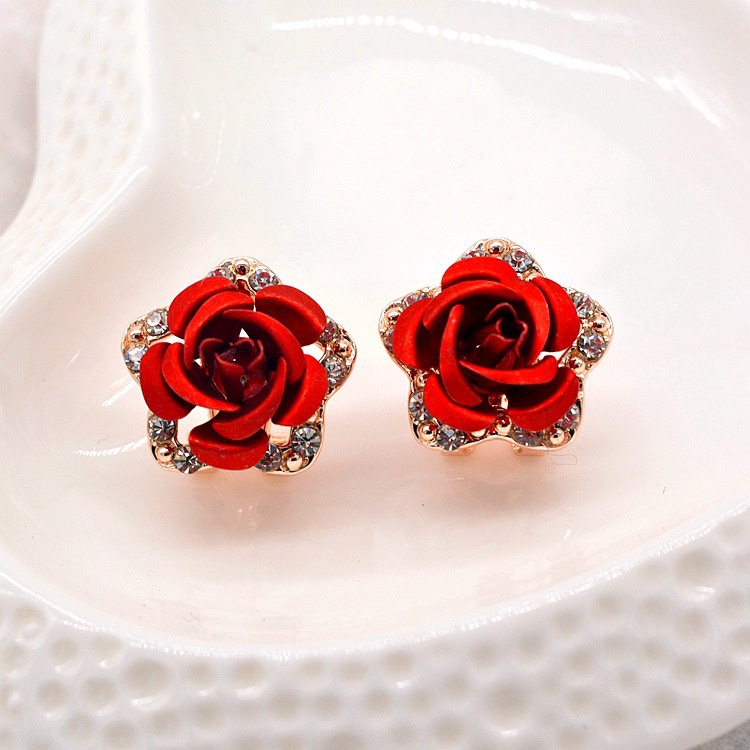 Retro Red Rose Ear Stud Female Diamond Flower Stud Earrings Wedding Bridal Earrings Accessory