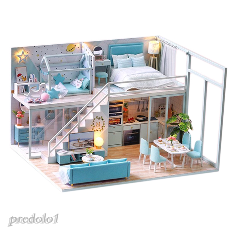 Predolo1 Wooden 1 24 Scale Dollhouse Miniatures Blue Apartment Diy Kit Assembly Accs Shopee Malaysia