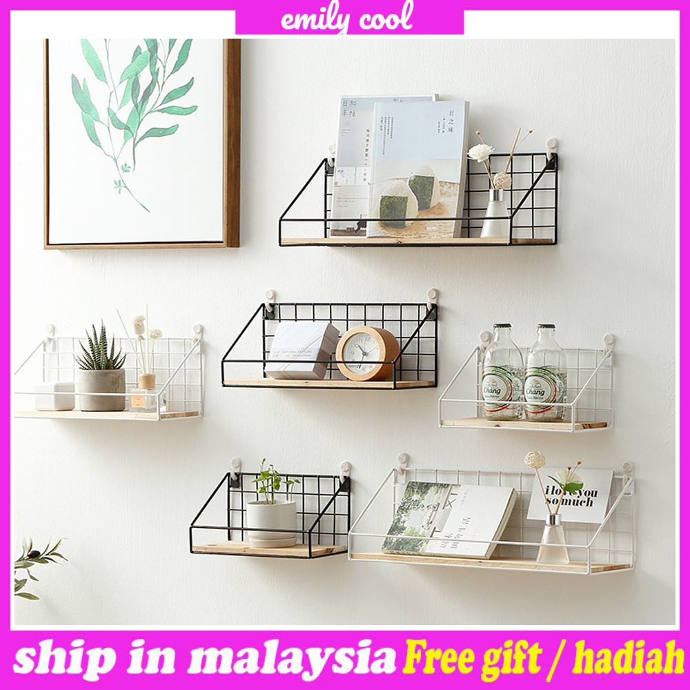 [M'sia] Ready Stock Grid Wall Shelf Wall Mounted Hanging Shelf Storage Holder Rack Wooden Iron Bedroom Wall Art shelve