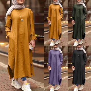 Plus Size Women Long Sleeve Muslimah Jubah Solid Color Muslim Vintage ...