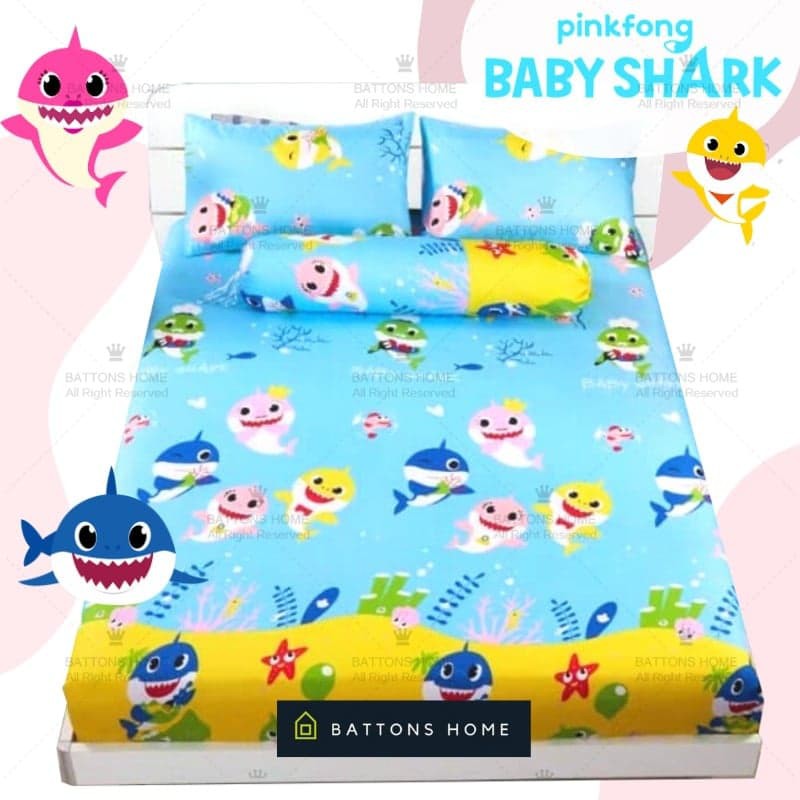 Baby Shark Cotton Queen Size Single Size Fitted Bedsheet Cadar