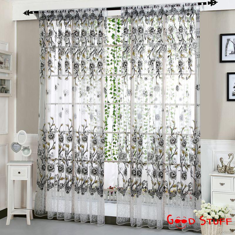 200x100cm Blue Floral Pattern Tulle Door Window Divider Voile Curtain Panel