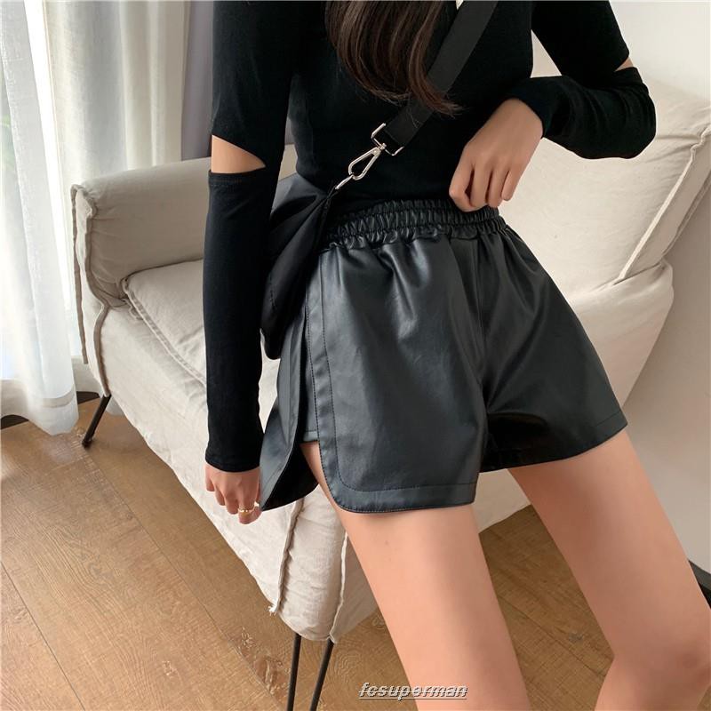 elastic waist leather shorts