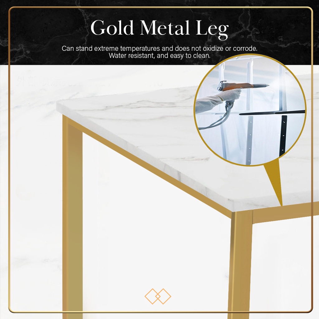 FINSSO: Parsons Marble Texture Wooden Bar Table with Gold Metal Frame + 2 Bar Stools