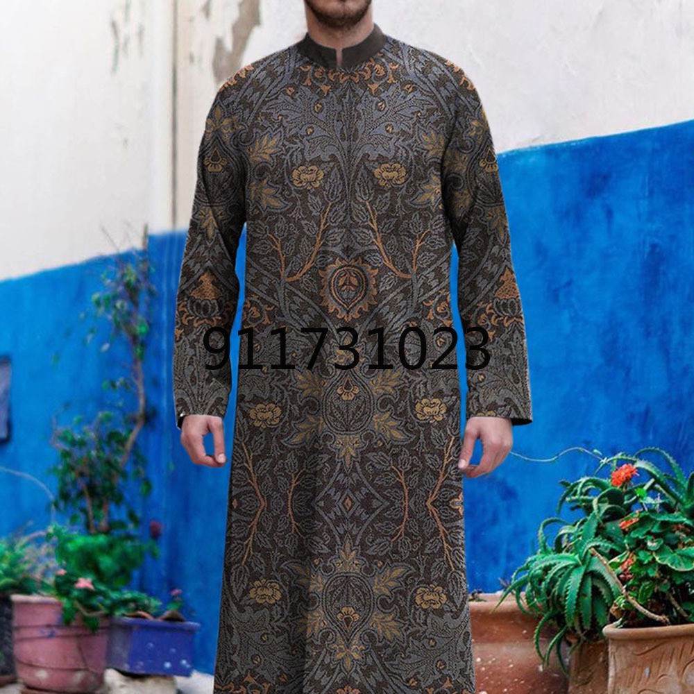 Man Muslim Fashion Arabic Men Clothes Jubba Thobe Kaftan Dress Stand Collar Gold Print Modest Islamic Clothing Male