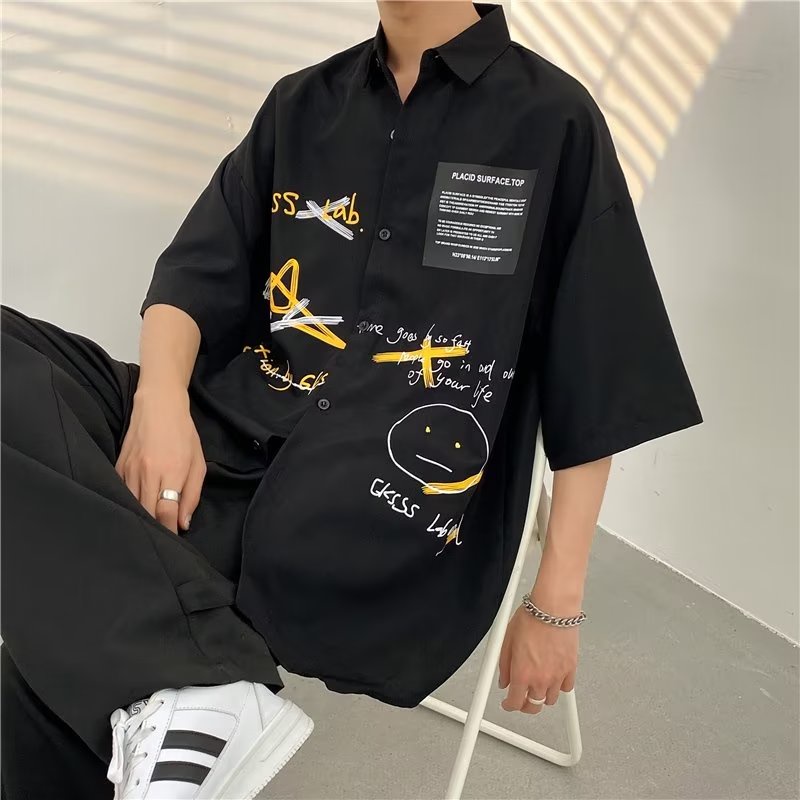 Japanese Fashion Leisure Men Hawaiian Shirt Printed Letter Unisex Large Size Loose Comfortable Summer Shirt