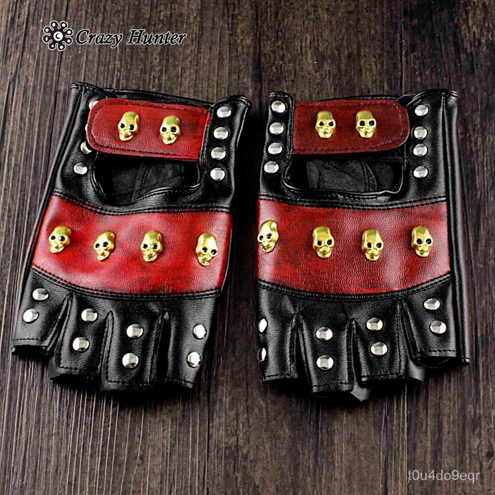 Vintage Leather Skull Studded  Womens Driving Punk Rock Cosplay Fingerless glove 