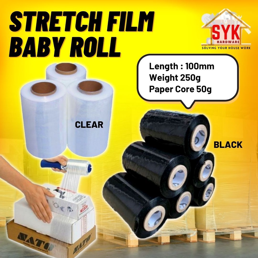 SYK Baby Roll Mini Stretch Film 100mm Black & Clear Parcel Wrapping ...