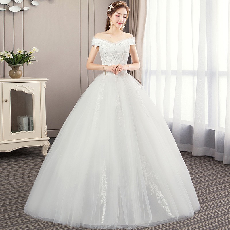 Ready Stock Hepburn Wedding Dress Korean Bride Word Shoulder Court Princess Simple Slimming Shopee Malaysia