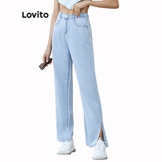Lovito Casual Plain Denim Wide Leg Slit High Waist Jeans L02154 (Blue)