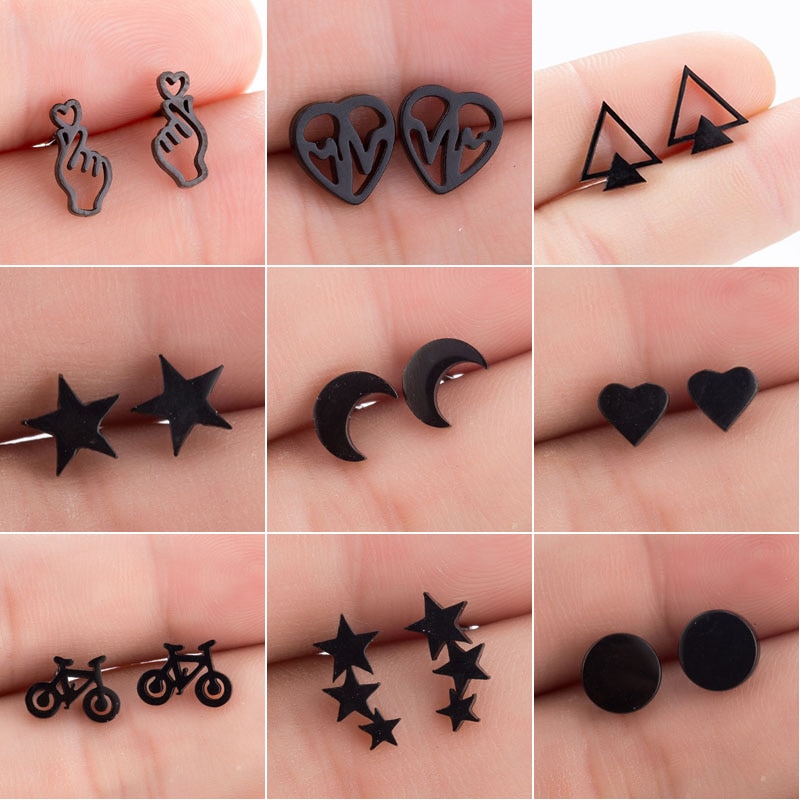 Anting-anting Keluli tahan karat Geometris Wanita Lelaki Hip hop Bintang Hitam Bulan Anting-anting Fashion Perhiasan Hadiah Terbaik untuk Rakan