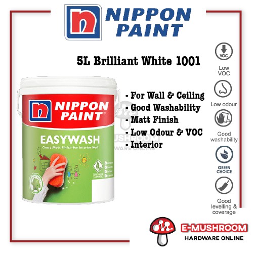 5L Nippon Paint Easy Wash 1001 Brilliant White Matt Finishing Cat Tak ...