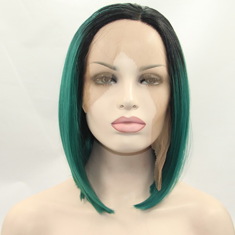 Straight Black To Green Ombre Short Wig Lace Front Heat Resistance