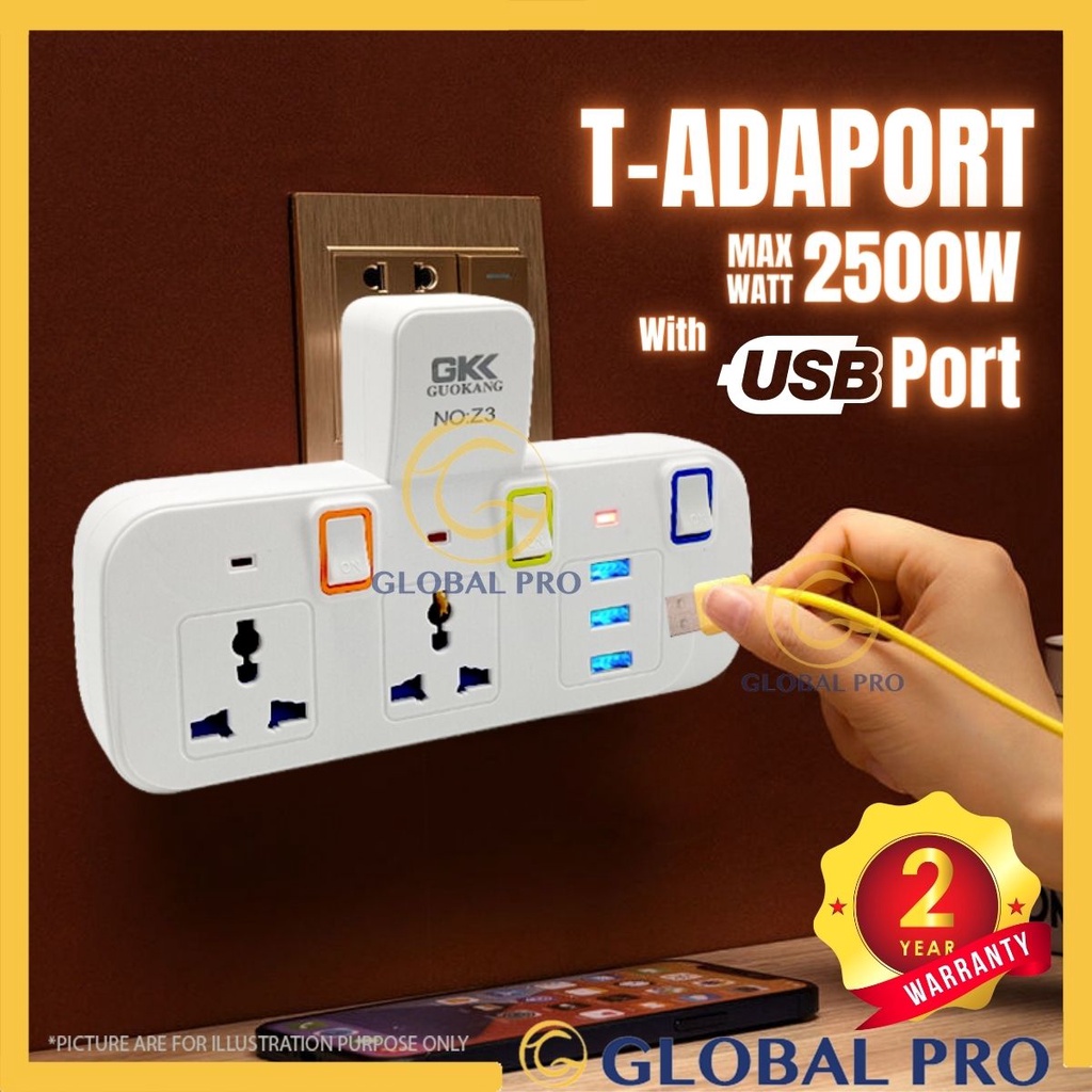 TADAPORT Multi Socket 2A USB Universal Extension Plug Extend Adaptor