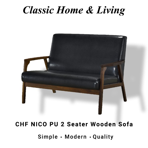 CHF NICO PU 2 Seater Wooden Sofa / Solid Wood Frame / Thick and Comfortable Fabric - Black PU Leather