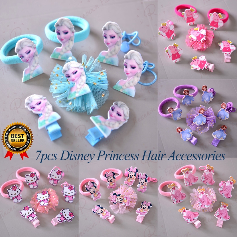 7pcs Disney Princess Hair Accessories Hairpins Hello Kitty Peppa