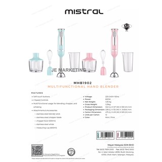 Mistral Multifunctional Hand Blender 600w Mhb1902 Khind Multifunctional Hand Blender 600w Bh600m Shopee Malaysia