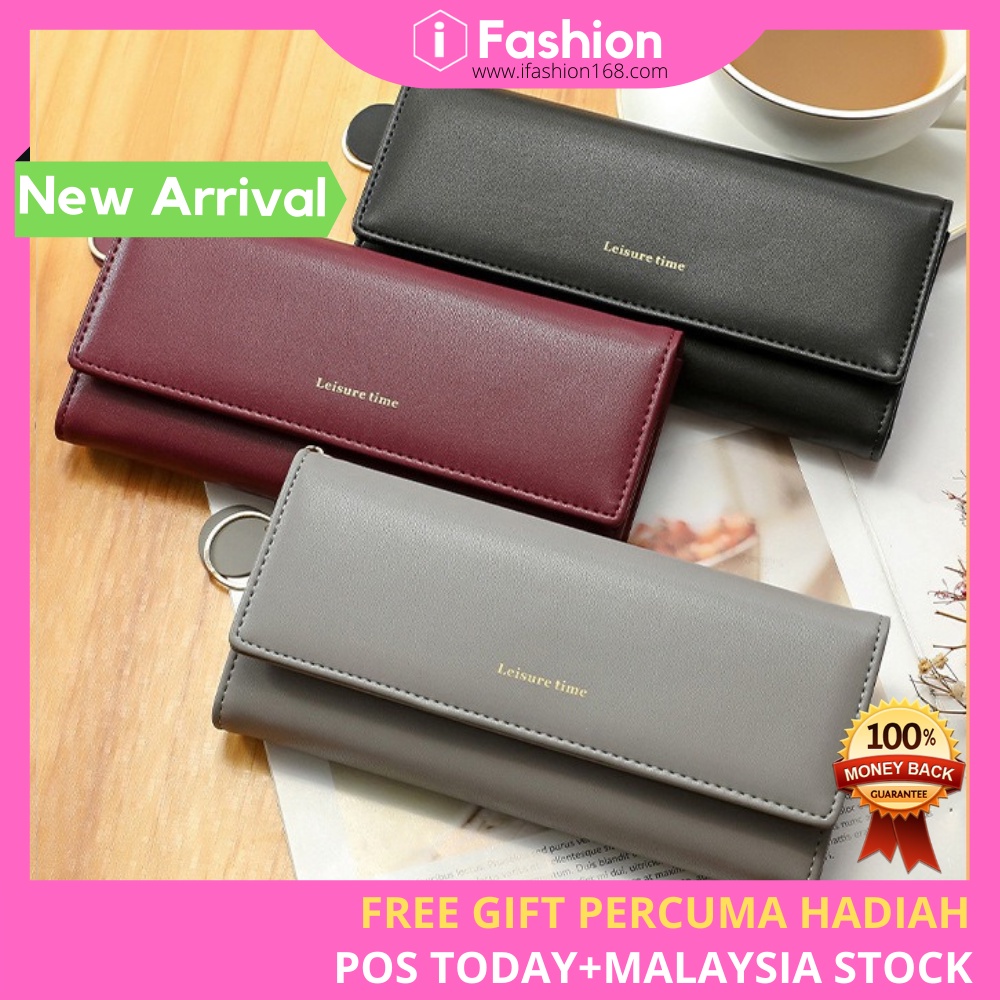 iFASHION 1258 READY STOCK Women Long Purse Tri-fold PU Leather Ladies Wallet Wanita Beg Duit Panjang Dompet Lipat Kulit