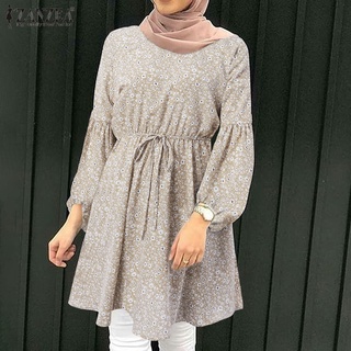 ZANZEA Women Muslim Elegant Casual Long Sleeve O Neck Lace Up Floral Printed Blouse #6