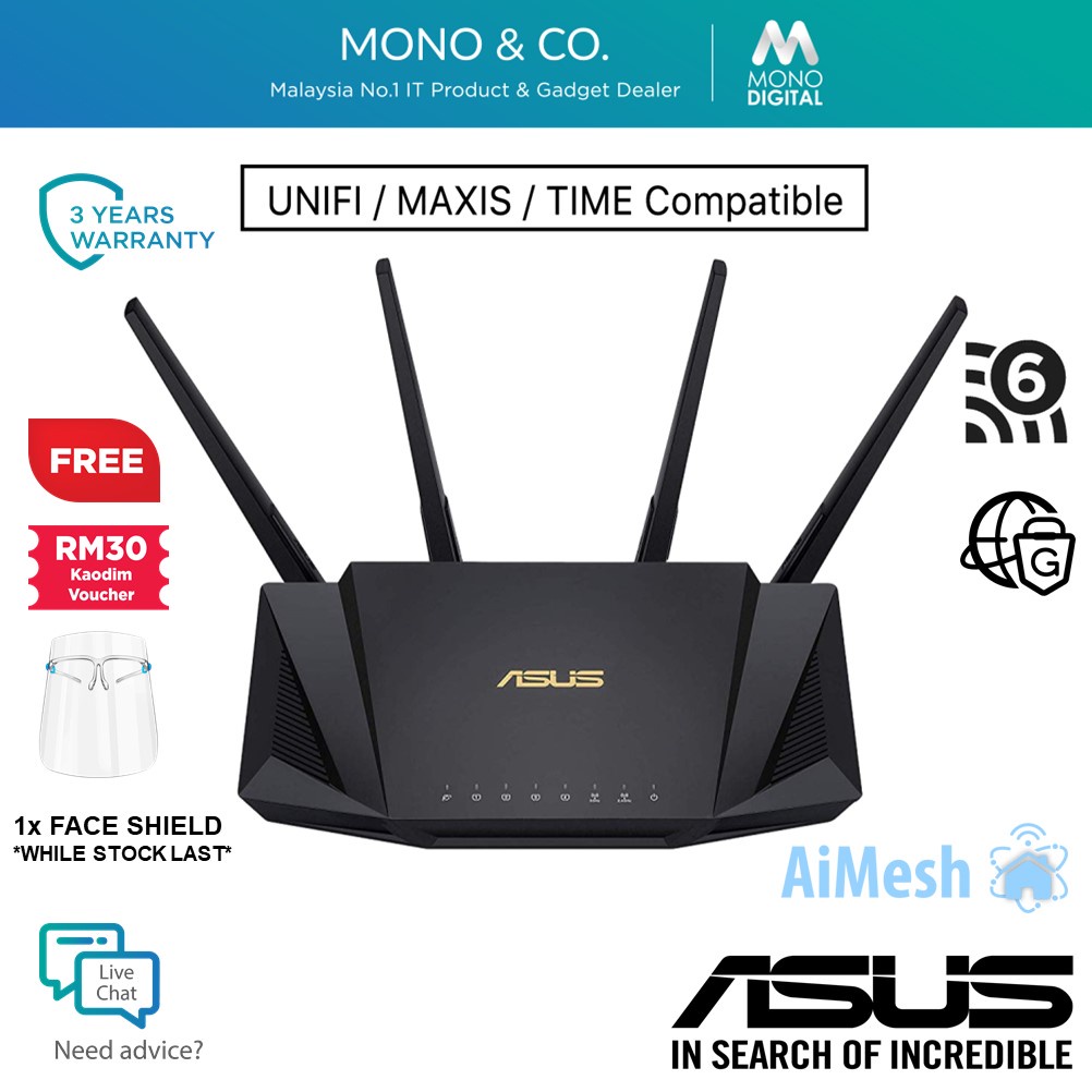 Asus router rtax3000 ax3000 dual band wifi 6 router mumimo and ofdma