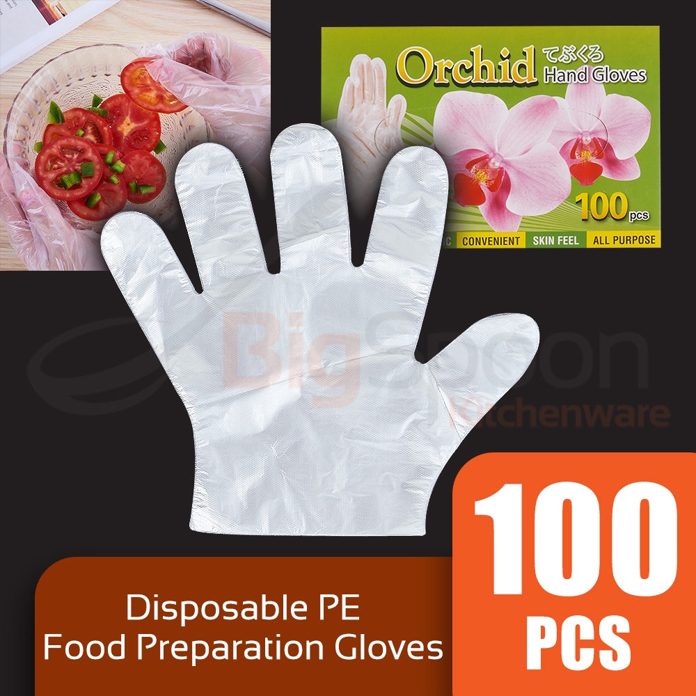 BIGSPOON Orchid 100pcs Disposable Gloves Plastic Hygiene Hand Kitchen Glove Multipurpose 一次性手套 cpe [PE-B3-100]