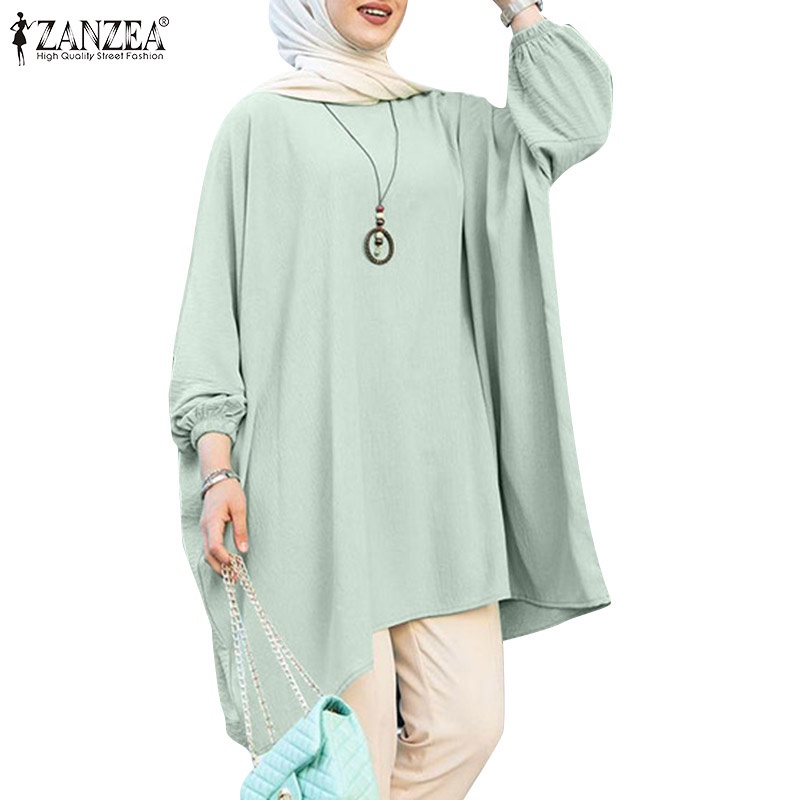 ZANZEA Women Fashion Casual Full Sleeve Solid Color Irregular Hem Retro Muslim Blouse