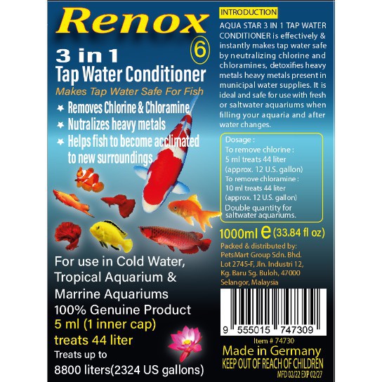 RENOX 3 in 1 Tap Water Conditioner - Removes Chlorine &amp; Chloramine