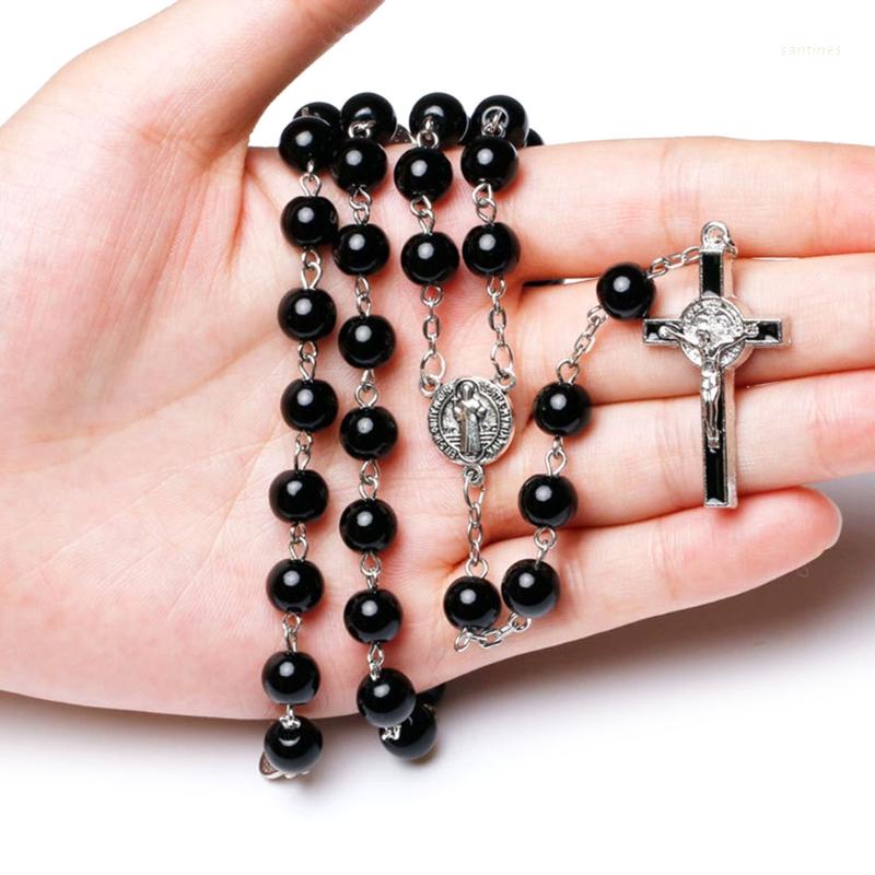 san* Black Glass Christ Jesus Cross Religious Necklace Catholic Rosary Necklace Church Souvenirs Prayer Pendant Necklace