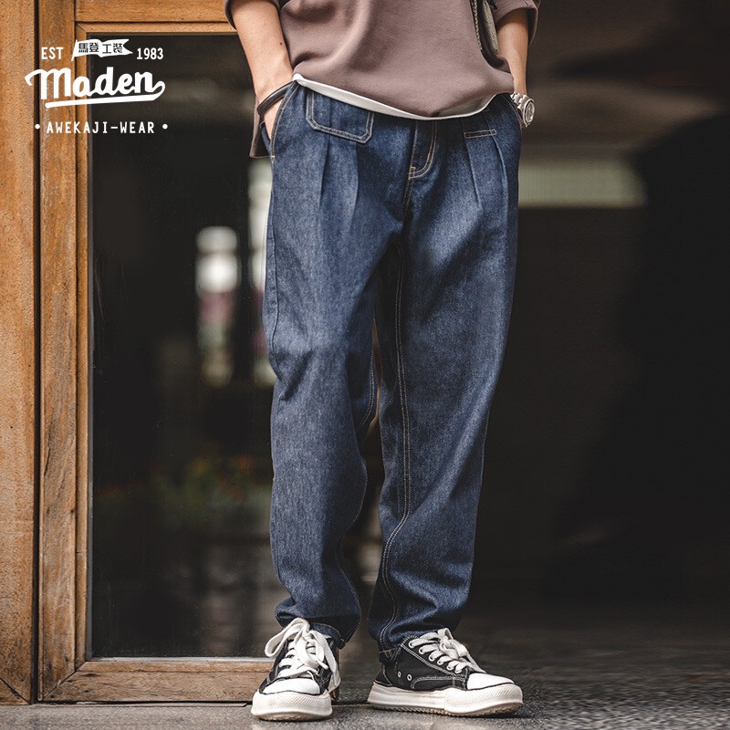 MADEN tooling men's Japanese retro denim washed dark mid-waist tapered loose denim trousers