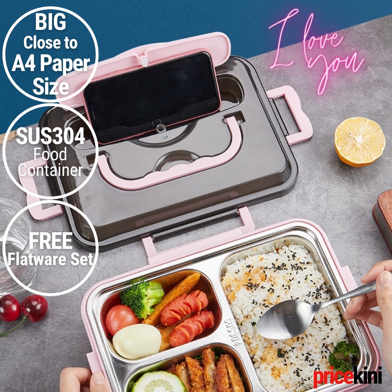 SUS304 Stainless Steel Lunch Box [FREE Steel Flatware], 1000ML 3/4 ...