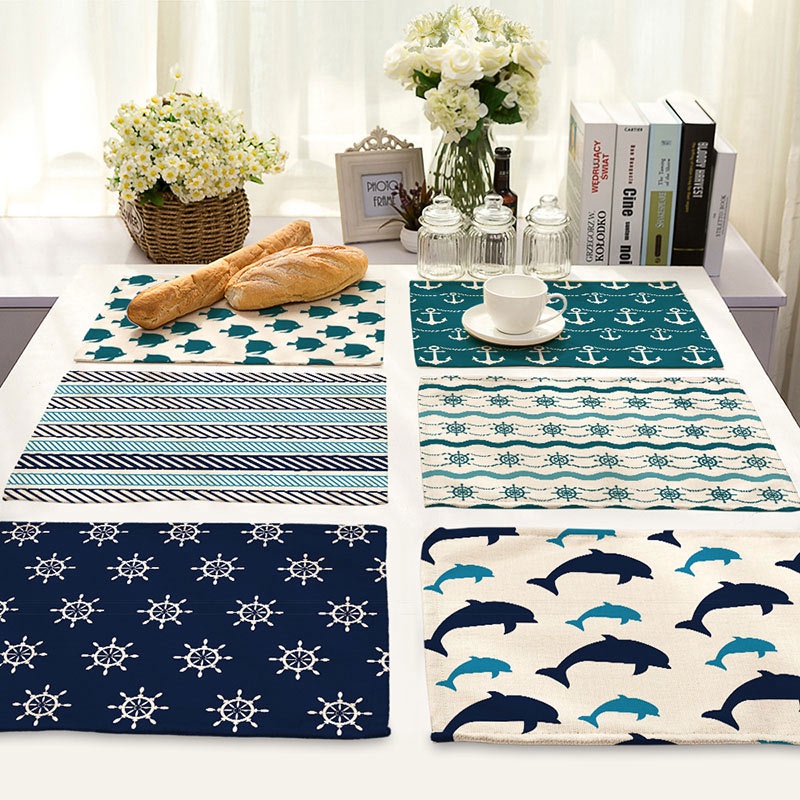 Nautical Theme Blue Anchor Print Placemats Dining Restaurant Kitchen Decor Tableware Mat Coffee Coaster Cotton Linen Pad