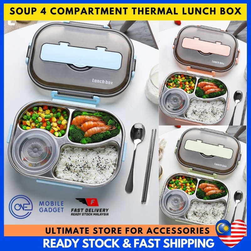 304 Stainless Steel SOUP 4 Compartment Thermal Lunch Box With Spoon Bag
