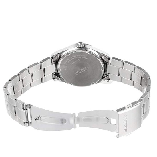seiko men's silvertone black dial solar calendar watch