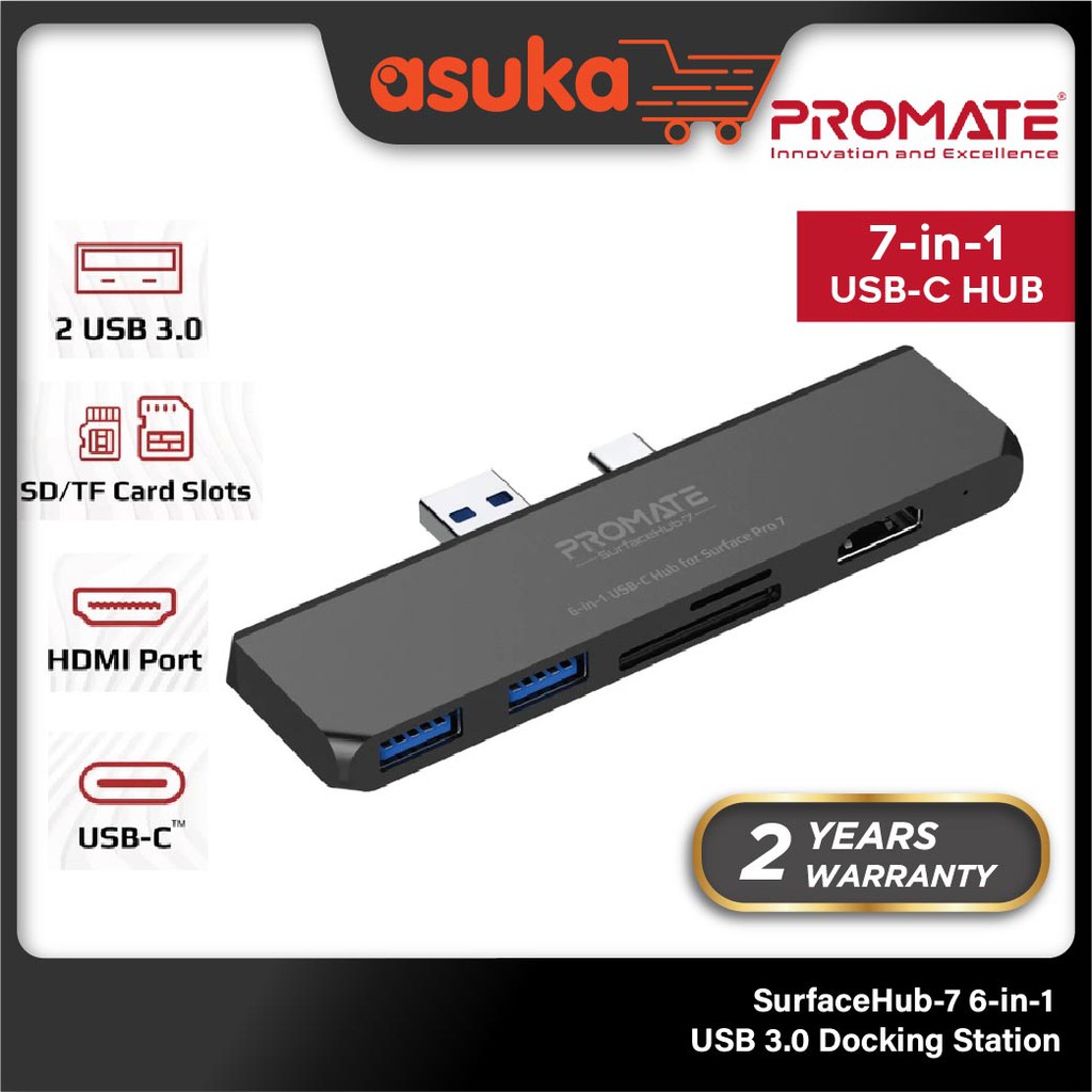 Promate SurfaceHub-7 6-in-1 USB 3.0 Docking Station with 2 USB 3.0 Type-A Ports, SD/MicroSD Card Slot