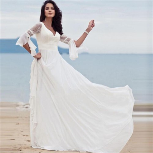 Ot Women White V Neck Bridal Wedding Toast Dinner Host Long