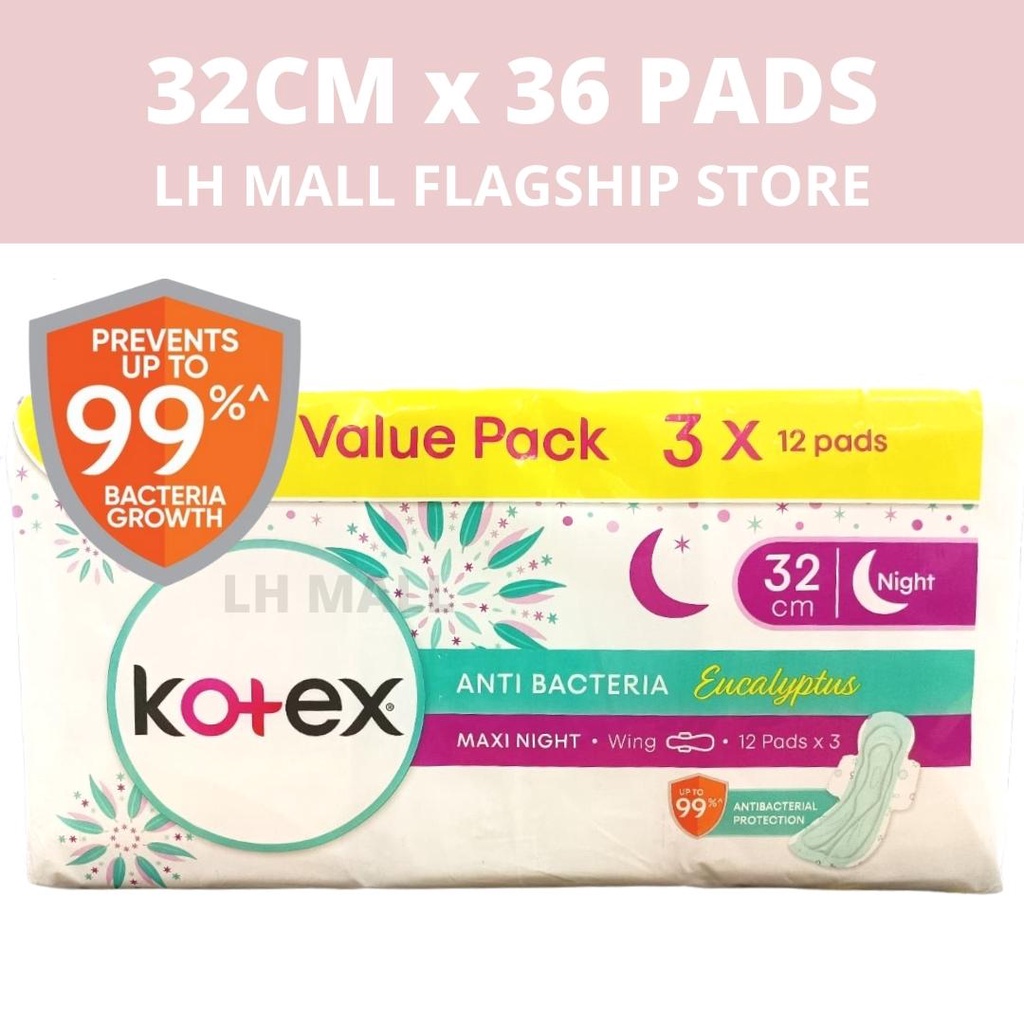 Value pack - Kotex Natural Care Overnight Wing Anti-Bacteria  (32cm/12's x 3 Packs)