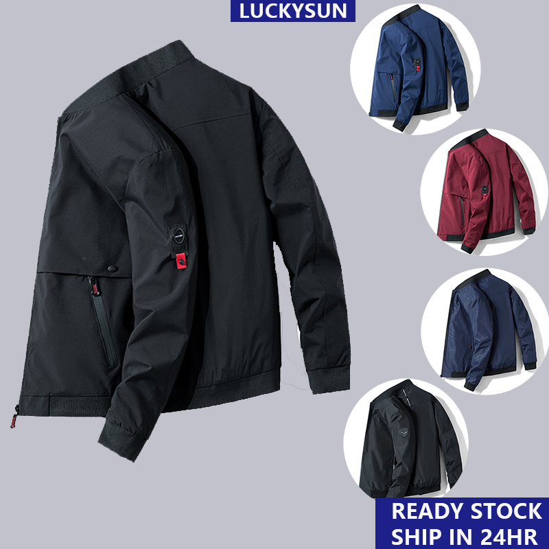 [Ready Stock] Jacket Men Korean Casual Thin Black Blue Flight Jacket Comfortable Breathable and Waterproof Jaket LUCKYSUN