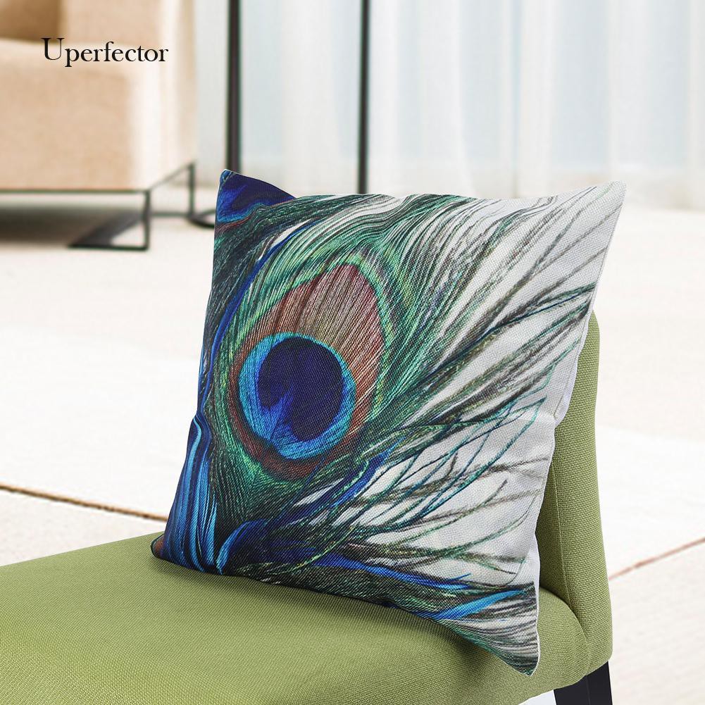 Upe Vintage Cotton Flax Peacock Feather Pillow Case Sofa Throw