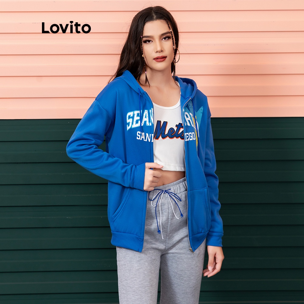 Lovito Sports Basics Letter Print Jacket L06061 (Blue)